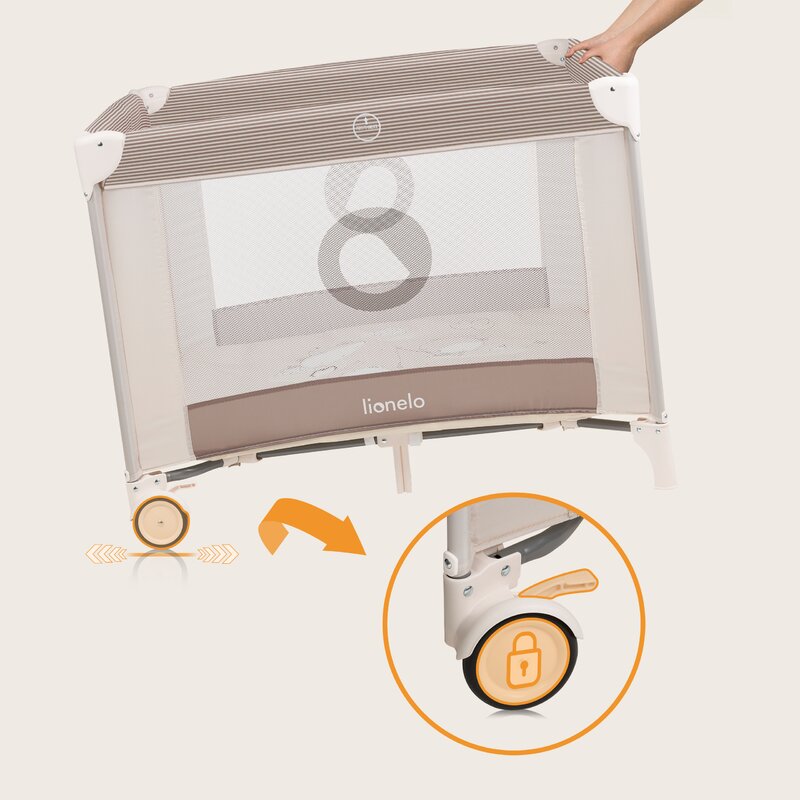 Tarc de joaca copii, Lionelo, Bonnie, Pana la 15 kg, 100 x 100 cm, Pliere compacta, Include geanta de transport, Din plasa, Cu intrare laterala cu fermoar, Cu roti, Cu salteluta din spuma, Conform cu EN12227, Bej - gogobaby.ro