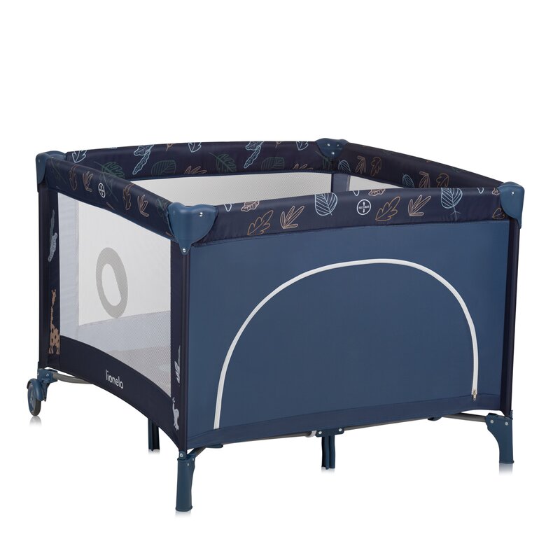 Tarc de joaca copii, Lionelo, Bonnie, Pana la 15 kg, 100 x 100 cm, Pliere compacta, Include geanta de transport, Din plasa, Cu intrare laterala cu fermoar, Cu roti, Cu salteluta din spuma, Conform cu EN12227, Albastru - gogobaby.ro