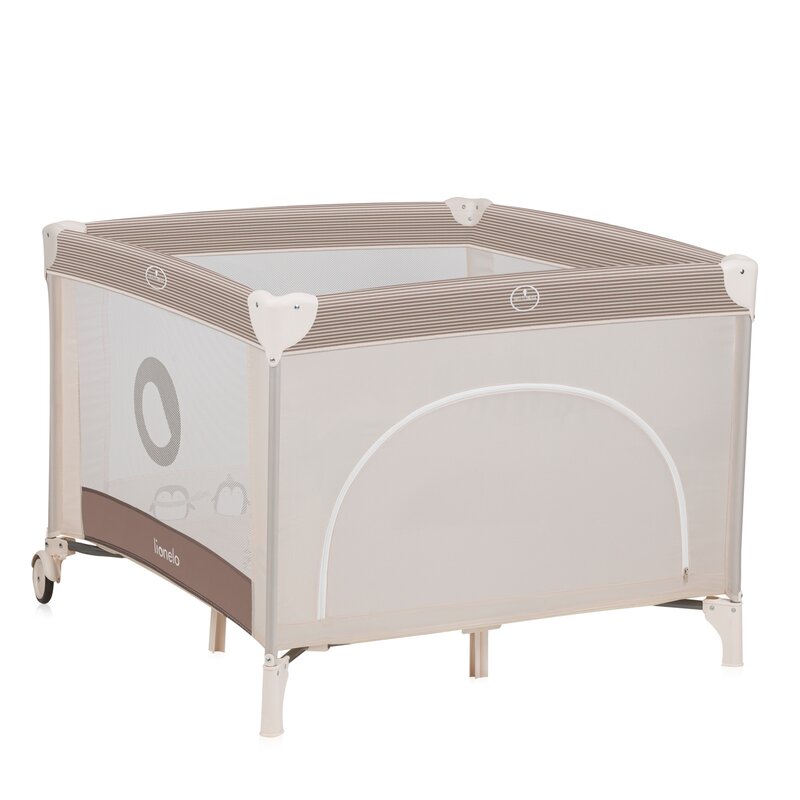 Tarc de joaca copii, Lionelo, Bonnie, Pana la 15 kg, 100 x 100 cm, Pliere compacta, Include geanta de transport, Din plasa, Cu intrare laterala cu fermoar, Cu roti, Cu salteluta din spuma, Conform cu EN12227, Bej - gogobaby.ro
