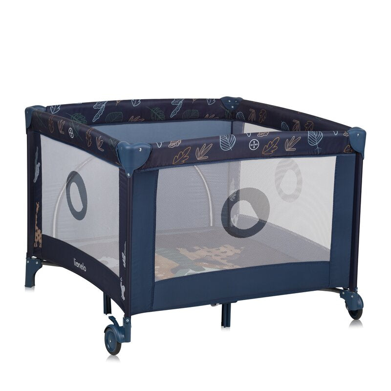 Tarc de joaca copii, Lionelo, Bonnie, Pana la 15 kg, 100 x 100 cm, Pliere compacta, Include geanta de transport, Din plasa, Cu intrare laterala cu fermoar, Cu roti, Cu salteluta din spuma, Conform cu EN12227, Albastru - gogobaby.ro