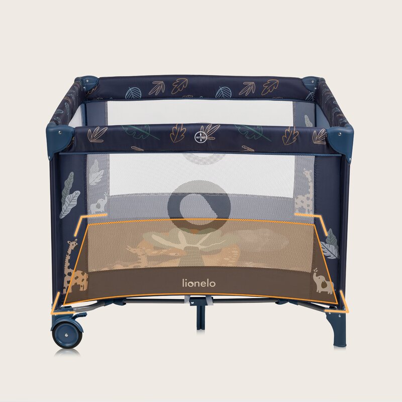 Tarc de joaca copii, Lionelo, Bonnie, Pana la 15 kg, 100 x 100 cm, Pliere compacta, Include geanta de transport, Din plasa, Cu intrare laterala cu fermoar, Cu roti, Cu salteluta din spuma, Conform cu EN12227, Albastru - gogobaby.ro
