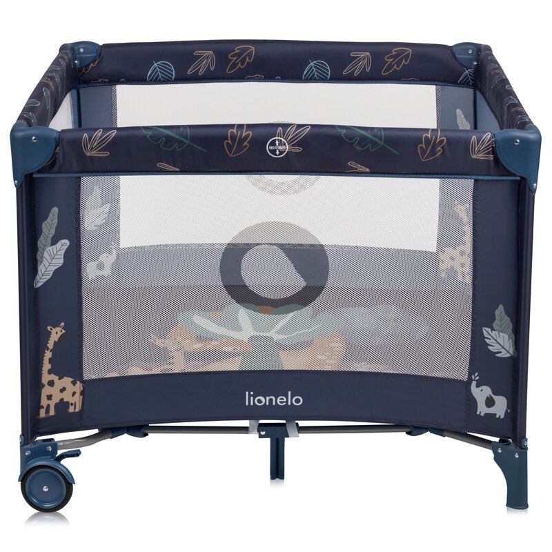 Tarc de joaca copii, Lionelo, Bonnie, Pana la 15 kg, 100 x 100 cm, Pliere compacta, Include geanta de transport, Din plasa, Cu intrare laterala cu fermoar, Cu roti, Cu salteluta din spuma, Conform cu EN12227, Albastru - gogobaby.ro