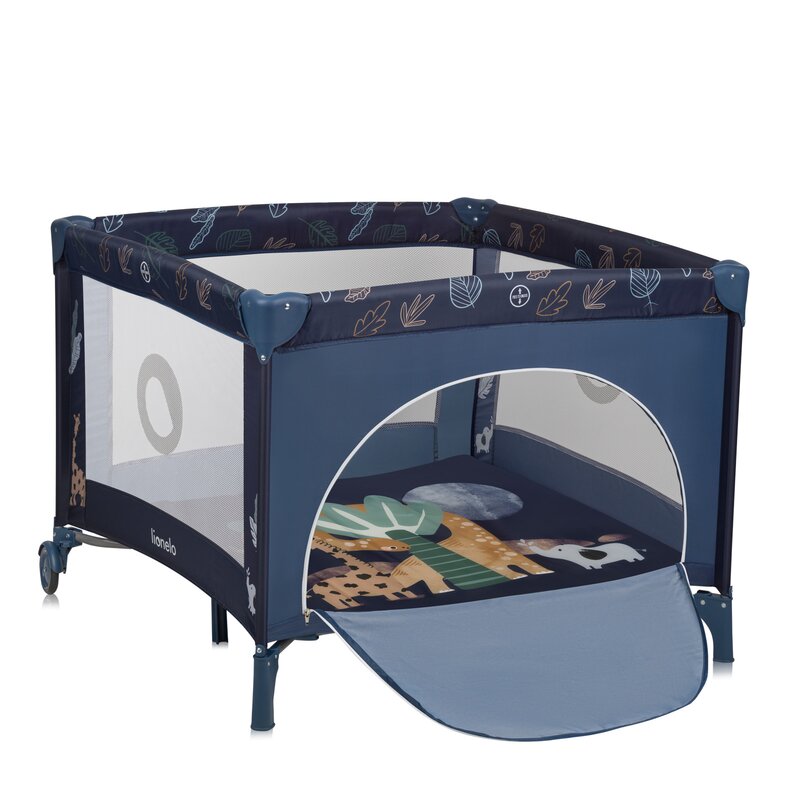 Tarc de joaca copii, Lionelo, Bonnie, Pana la 15 kg, 100 x 100 cm, Pliere compacta, Include geanta de transport, Din plasa, Cu intrare laterala cu fermoar, Cu roti, Cu salteluta din spuma, Conform cu EN12227, Albastru - gogobaby.ro