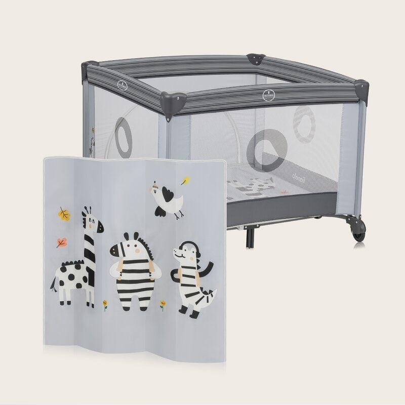 Tarc de joaca copii, Lionelo, Bonnie, Pana la 15 kg, 100 x 100 cm, Pliere compacta, Include geanta de transport, Din plasa, Cu intrare laterala cu fermoar, Cu roti, Cu salteluta din spuma, Conform cu EN12227, Gri deschis - gogobaby.ro