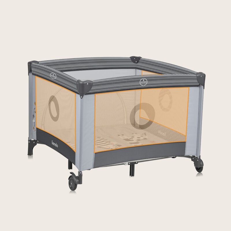 Tarc de joaca copii, Lionelo, Bonnie, Pana la 15 kg, 100 x 100 cm, Pliere compacta, Include geanta de transport, Din plasa, Cu intrare laterala cu fermoar, Cu roti, Cu salteluta din spuma, Conform cu EN12227, Gri deschis - gogobaby.ro
