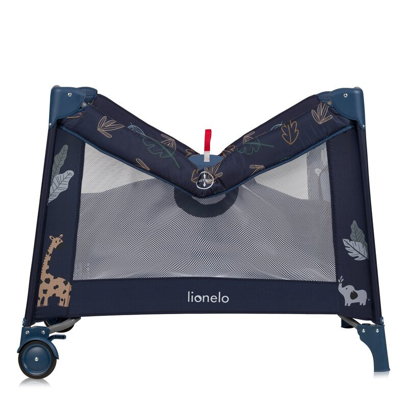 Tarc de joaca copii, Lionelo, Bonnie, Pana la 15 kg, 100 x 100 cm, Pliere compacta, Include geanta de transport, Din plasa, Cu intrare laterala cu fermoar, Cu roti, Cu salteluta din spuma, Conform cu EN12227, Albastru - gogobaby.ro