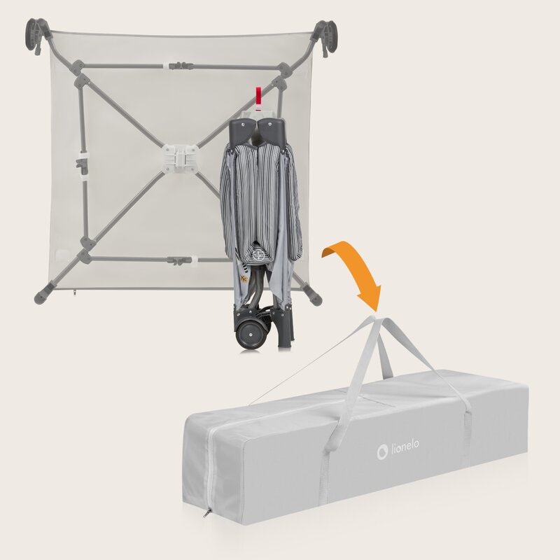 Tarc de joaca copii, Lionelo, Bonnie, Pana la 15 kg, 100 x 100 cm, Pliere compacta, Include geanta de transport, Din plasa, Cu intrare laterala cu fermoar, Cu roti, Cu salteluta din spuma, Conform cu EN12227, Gri deschis - gogobaby.ro