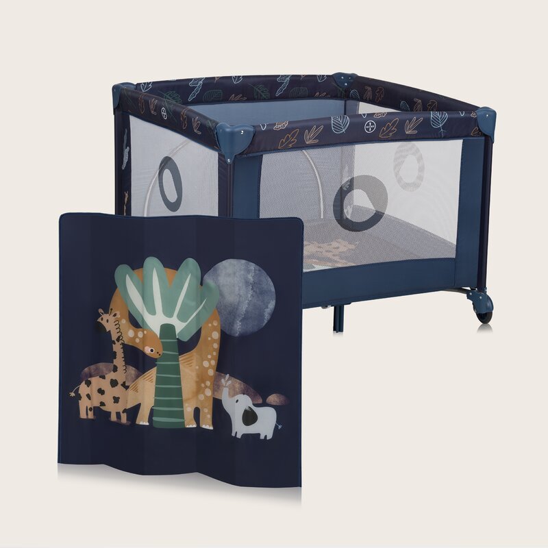 Tarc de joaca copii, Lionelo, Bonnie, Pana la 15 kg, 100 x 100 cm, Pliere compacta, Include geanta de transport, Din plasa, Cu intrare laterala cu fermoar, Cu roti, Cu salteluta din spuma, Conform cu EN12227, Albastru - gogobaby.ro