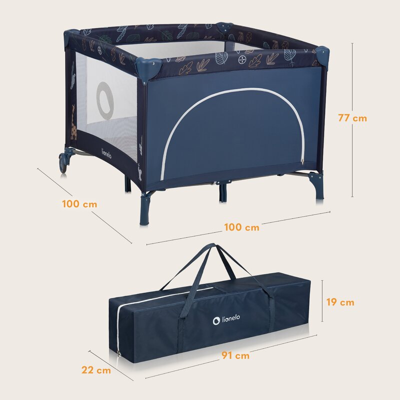Tarc de joaca copii, Lionelo, Bonnie, Pana la 15 kg, 100 x 100 cm, Pliere compacta, Include geanta de transport, Din plasa, Cu intrare laterala cu fermoar, Cu roti, Cu salteluta din spuma, Conform cu EN12227, Albastru - gogobaby.ro
