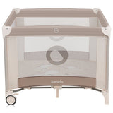 Tarc de joaca copii, Lionelo, Bonnie, Pana la 15 kg, 100 x 100 cm, Pliere compacta, Include geanta de transport, Din plasa, Cu intrare laterala cu fermoar, Cu roti, Cu salteluta din spuma, Conform cu EN12227, Bej