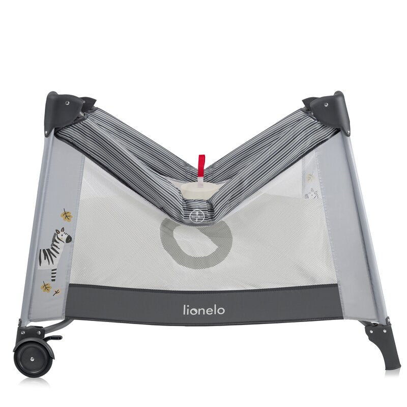 Tarc de joaca copii, Lionelo, Bonnie, Pana la 15 kg, 100 x 100 cm, Pliere compacta, Include geanta de transport, Din plasa, Cu intrare laterala cu fermoar, Cu roti, Cu salteluta din spuma, Conform cu EN12227, Gri deschis