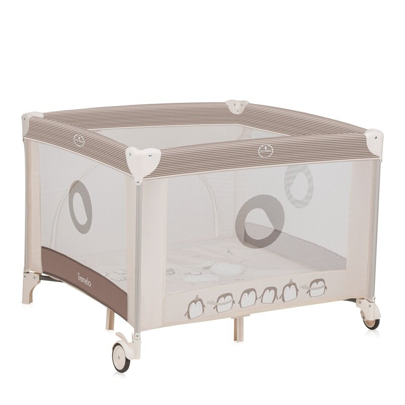 Tarc de joaca copii, Lionelo, Bonnie, Pana la 15 kg, 100 x 100 cm, Pliere compacta, Include geanta de transport, Din plasa, Cu intrare laterala cu fermoar, Cu roti, Cu salteluta din spuma, Conform cu EN12227, Bej - gogobaby.ro
