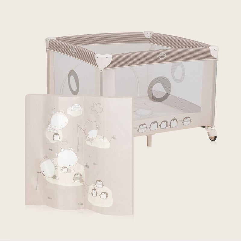 Tarc de joaca copii, Lionelo, Bonnie, Pana la 15 kg, 100 x 100 cm, Pliere compacta, Include geanta de transport, Din plasa, Cu intrare laterala cu fermoar, Cu roti, Cu salteluta din spuma, Conform cu EN12227, Bej - gogobaby.ro