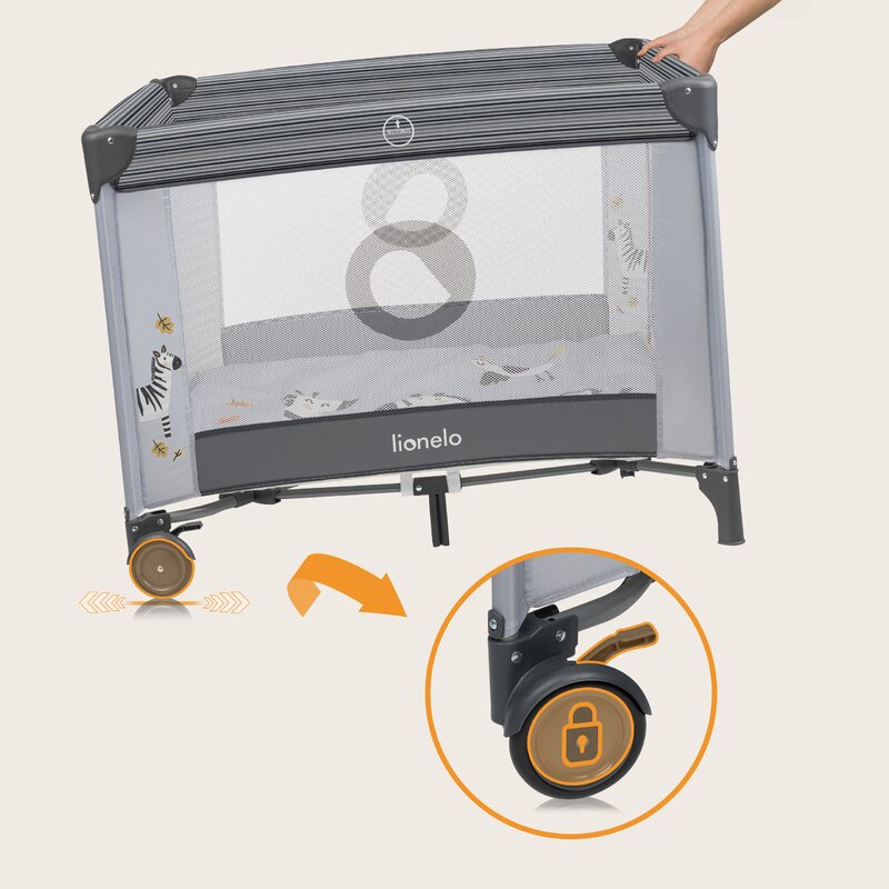 Tarc de joaca copii, Lionelo, Bonnie, Pana la 15 kg, 100 x 100 cm, Pliere compacta, Include geanta de transport, Din plasa, Cu intrare laterala cu fermoar, Cu roti, Cu salteluta din spuma, Conform cu EN12227, Gri deschis - gogobaby.ro