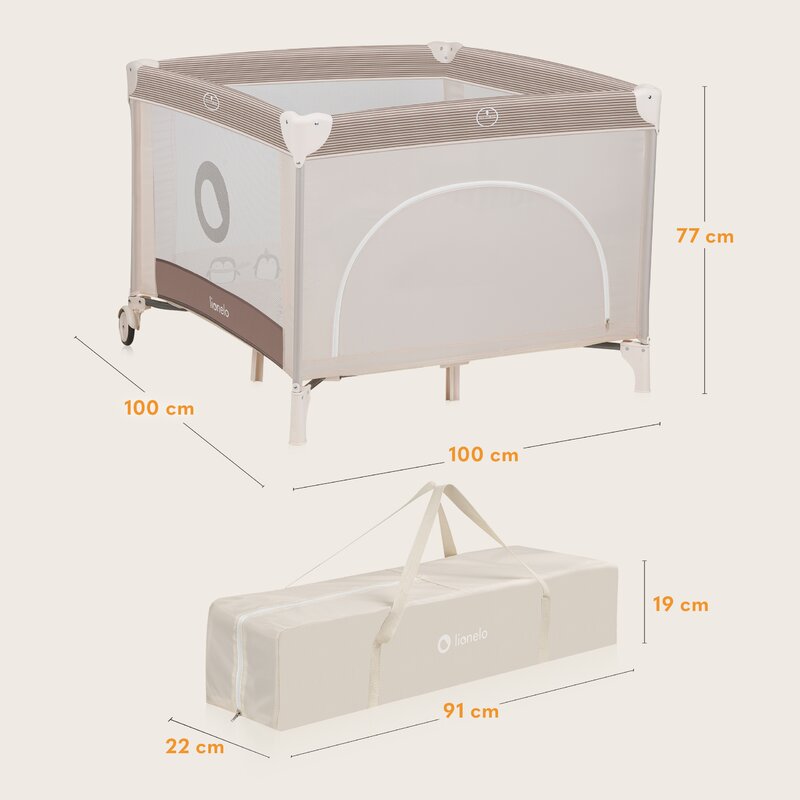 Tarc de joaca copii, Lionelo, Bonnie, Pana la 15 kg, 100 x 100 cm, Pliere compacta, Include geanta de transport, Din plasa, Cu intrare laterala cu fermoar, Cu roti, Cu salteluta din spuma, Conform cu EN12227, Bej - gogobaby.ro