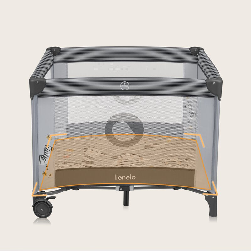 Tarc de joaca copii, Lionelo, Bonnie, Pana la 15 kg, 100 x 100 cm, Pliere compacta, Include geanta de transport, Din plasa, Cu intrare laterala cu fermoar, Cu roti, Cu salteluta din spuma, Conform cu EN12227, Gri deschis