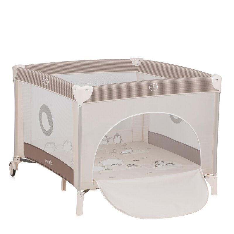 Tarc de joaca copii, Lionelo, Bonnie, Pana la 15 kg, 100 x 100 cm, Pliere compacta, Include geanta de transport, Din plasa, Cu intrare laterala cu fermoar, Cu roti, Cu salteluta din spuma, Conform cu EN12227, Bej - gogobaby.ro