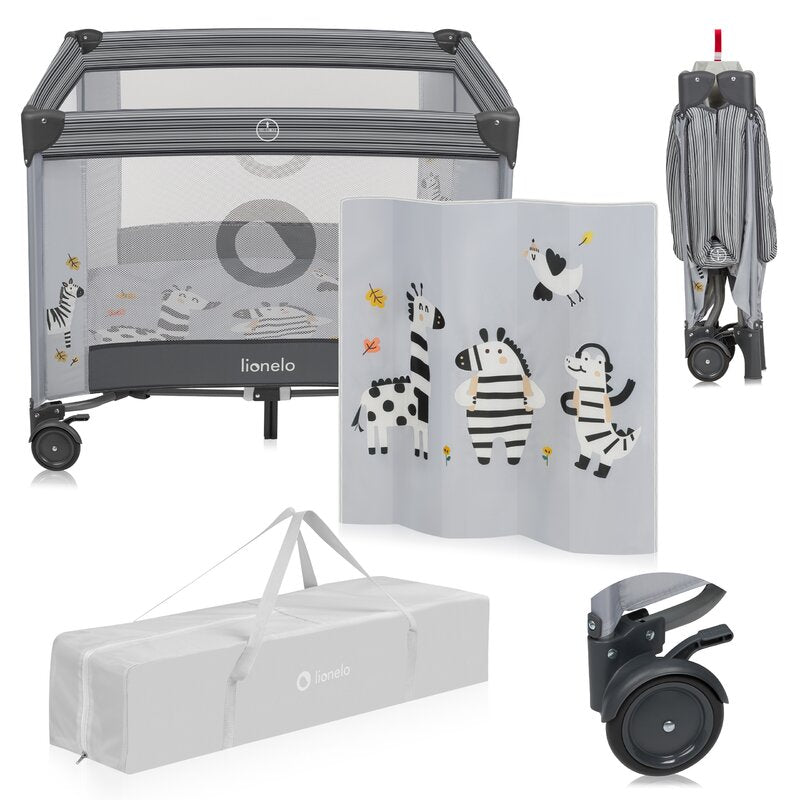 Tarc de joaca copii, Lionelo, Bonnie, Pana la 15 kg, 100 x 100 cm, Pliere compacta, Include geanta de transport, Din plasa, Cu intrare laterala cu fermoar, Cu roti, Cu salteluta din spuma, Conform cu EN12227, Gri deschis