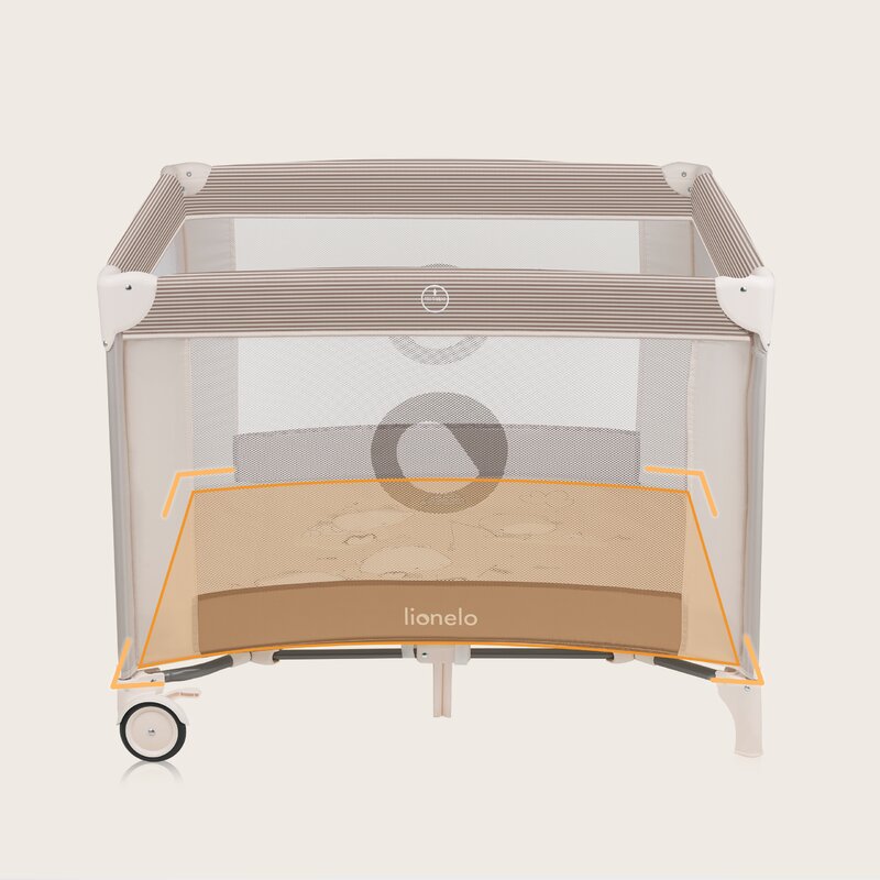Tarc de joaca copii, Lionelo, Bonnie, Pana la 15 kg, 100 x 100 cm, Pliere compacta, Include geanta de transport, Din plasa, Cu intrare laterala cu fermoar, Cu roti, Cu salteluta din spuma, Conform cu EN12227, Bej - gogobaby.ro