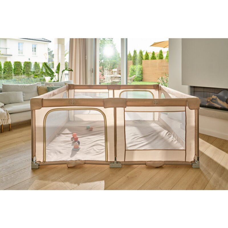 Tarc de joaca copii, Lionelo, Florence Easy Fold, 150 x 180 x 75 cm, Pliere, depliere automata, Include geanta de transport, Din plasa, Cu doua intrari laterale, 0-48 luni, Conform cu EN12227, Bej - gogobaby.ro