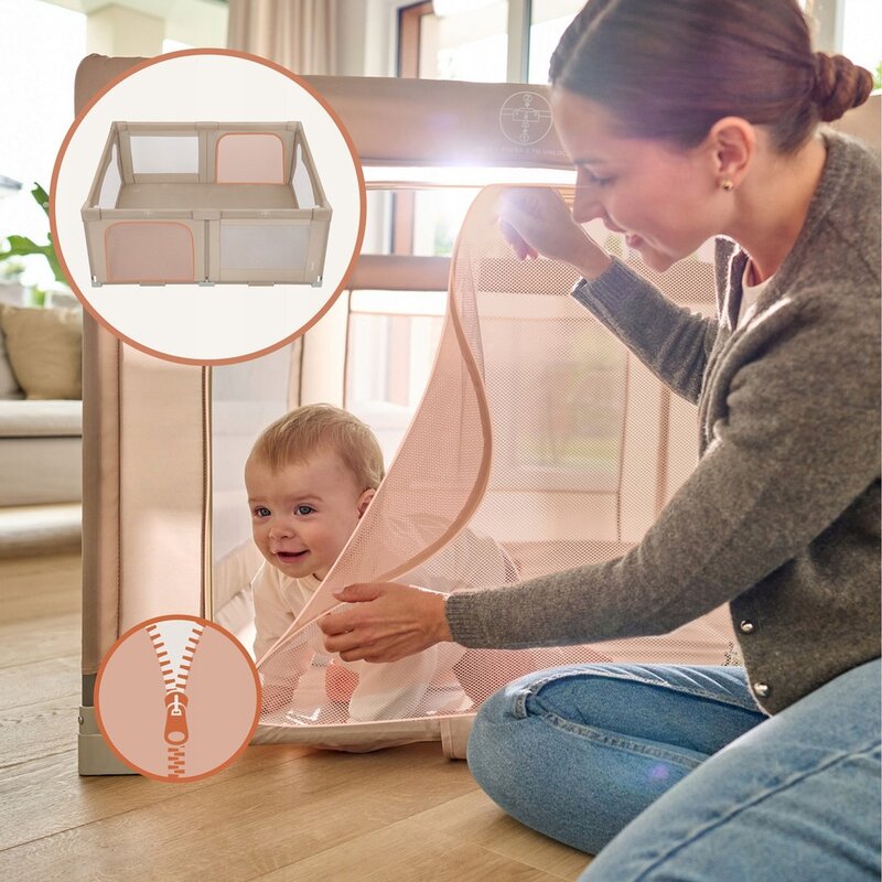 Tarc de joaca copii, Lionelo, Florence Easy Fold, 150 x 180 x 75 cm, Pliere, depliere automata, Include geanta de transport, Din plasa, Cu doua intrari laterale, 0-48 luni, Conform cu EN12227, Bej - gogobaby.ro