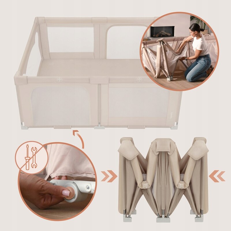 Tarc de joaca copii, Lionelo, Florence Easy Fold, 150 x 180 x 75 cm, Pliere, depliere automata, Include geanta de transport, Din plasa, Cu doua intrari laterale, 0-48 luni, Conform cu EN12227, Bej - gogobaby.ro