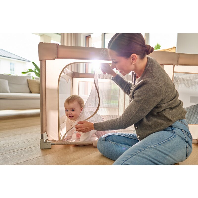 Tarc de joaca copii, Lionelo, Florence Easy Fold, 150 x 180 x 75 cm, Pliere, depliere automata, Include geanta de transport, Din plasa, Cu doua intrari laterale, 0-48 luni, Conform cu EN12227, Bej