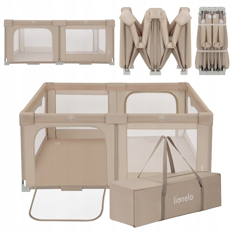 Tarc de joaca copii, Lionelo, Florence Easy Fold, 150 x 180 x 75 cm, Pliere, depliere automata, Include geanta de transport, Din plasa, Cu doua intrari laterale, 0-48 luni, Conform cu EN12227, Bej - gogobaby.ro