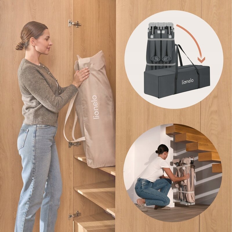 Tarc de joaca copii, Lionelo, Florence Easy Fold, 150 x 180 x 75 cm, Pliere, depliere automata, Include geanta de transport, Din plasa, Cu doua intrari laterale, 0-48 luni, Conform cu EN12227, Gri - gogobaby.ro