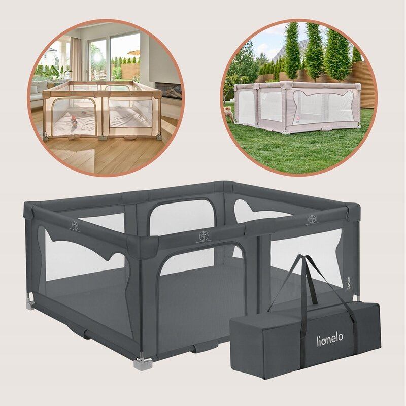 Tarc de joaca copii, Lionelo, Florence Easy Fold, 150 x 180 x 75 cm, Pliere, depliere automata, Include geanta de transport, Din plasa, Cu doua intrari laterale, 0-48 luni, Conform cu EN12227, Gri - gogobaby.ro
