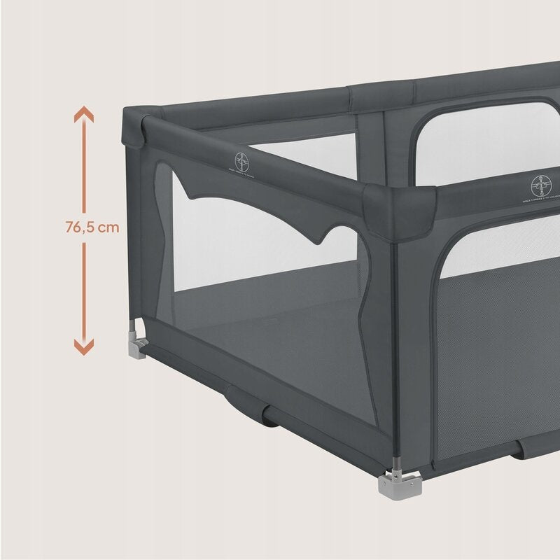 Tarc de joaca copii, Lionelo, Florence Easy Fold, 150 x 180 x 75 cm, Pliere, depliere automata, Include geanta de transport, Din plasa, Cu doua intrari laterale, 0-48 luni, Conform cu EN12227, Gri