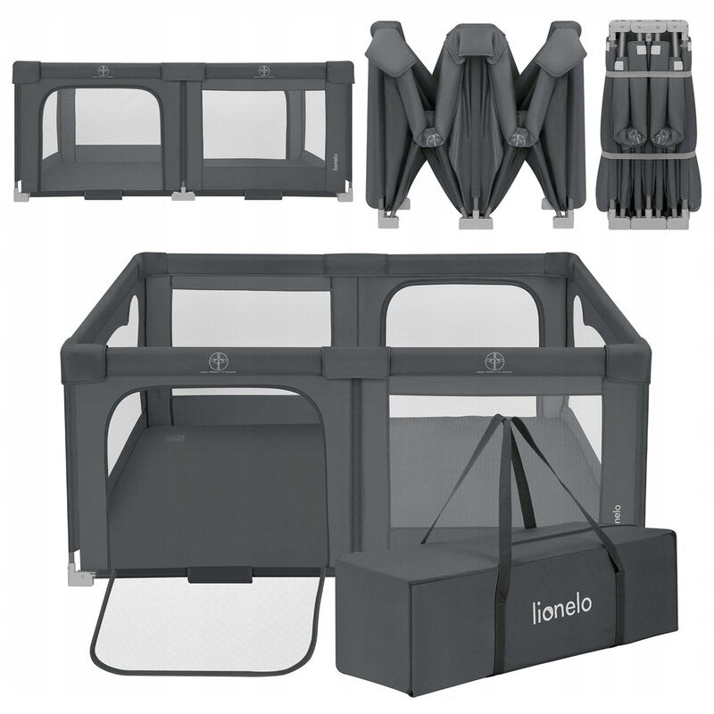 Tarc de joaca copii, Lionelo, Florence Easy Fold, 150 x 180 x 75 cm, Pliere, depliere automata, Include geanta de transport, Din plasa, Cu doua intrari laterale, 0-48 luni, Conform cu EN12227, Gri - gogobaby.ro