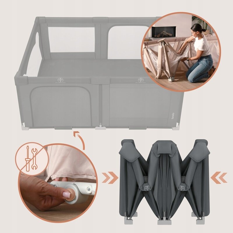 Tarc de joaca copii, Lionelo, Florence Easy Fold, 150 x 180 x 75 cm, Pliere, depliere automata, Include geanta de transport, Din plasa, Cu doua intrari laterale, 0-48 luni, Conform cu EN12227, Gri - gogobaby.ro