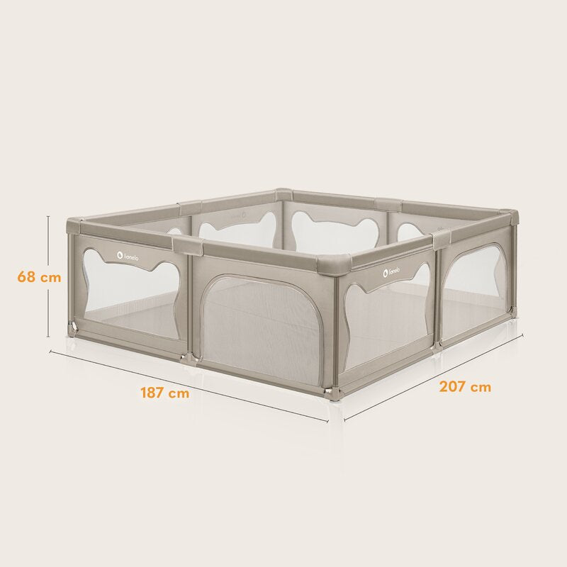 Tarc de joaca copii, Lionelo, Willow XL,180 x 200 cm, Pliere compacta, Include geanta de transport, Din plasa, Cu doua intrari laterale si fermoar, Cu ventuze pentru stabilitate, Conform cu EN 12227:2010, Bej