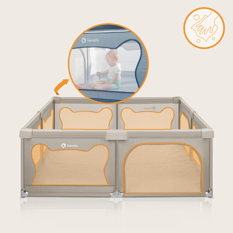 Tarc de joaca copii, Lionelo, Willow XL,180 x 200 cm, Pliere compacta, Include geanta de transport, Din plasa, Cu doua intrari laterale si fermoar, Cu ventuze pentru stabilitate, Conform cu EN 12227:2010, Bej