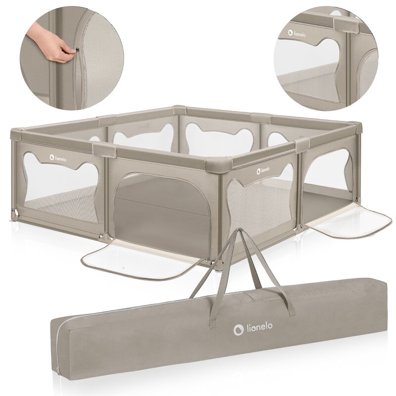 Tarc de joaca copii, Lionelo, Willow XL,180 x 200 cm, Pliere compacta, Include geanta de transport, Din plasa, Cu doua intrari laterale si fermoar, Cu ventuze pentru stabilitate, Conform cu EN 12227:2010, Bej - gogobaby.ro