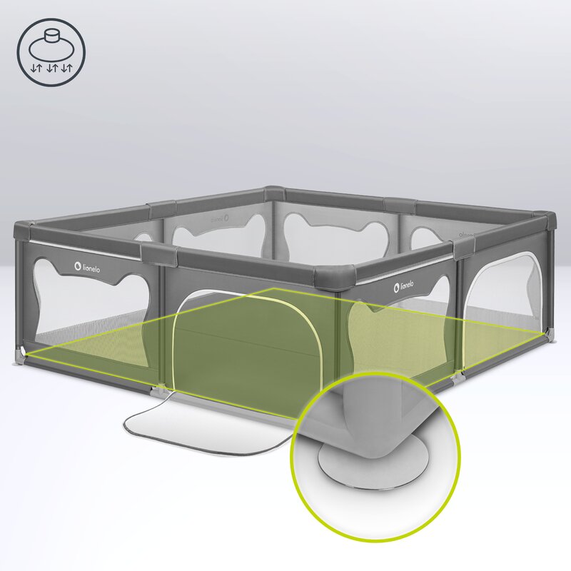 Tarc de joaca copii, Lionelo, Willow XL,180 x 200 cm, Pliere compacta, Include geanta de transport, Din plasa, Cu doua intrari laterale si fermoar, Cu ventuze pentru stabilitate, Conform cu EN 12227:2010, Gri