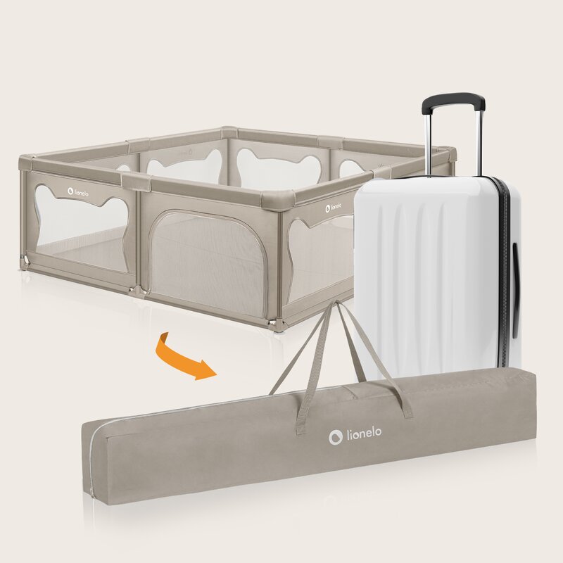 Tarc de joaca copii, Lionelo, Willow XL,180 x 200 cm, Pliere compacta, Include geanta de transport, Din plasa, Cu doua intrari laterale si fermoar, Cu ventuze pentru stabilitate, Conform cu EN 12227:2010, Bej - gogobaby.ro
