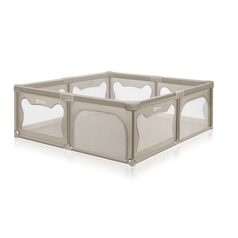 Tarc de joaca copii, Lionelo, Willow XL,180 x 200 cm, Pliere compacta, Include geanta de transport, Din plasa, Cu doua intrari laterale si fermoar, Cu ventuze pentru stabilitate, Conform cu EN 12227:2010, Bej