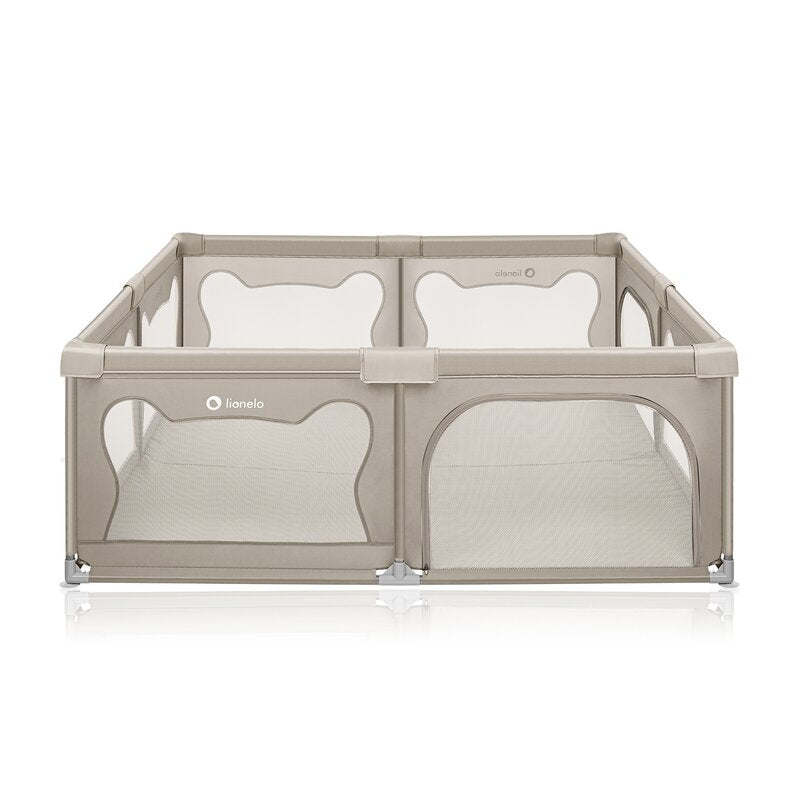 Tarc de joaca copii, Lionelo, Willow XL,180 x 200 cm, Pliere compacta, Include geanta de transport, Din plasa, Cu doua intrari laterale si fermoar, Cu ventuze pentru stabilitate, Conform cu EN 12227:2010, Bej
