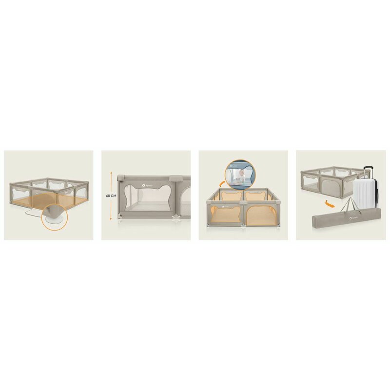 Tarc de joaca copii, Lionelo, Willow XL,180 x 200 cm, Pliere compacta, Include geanta de transport, Din plasa, Cu doua intrari laterale si fermoar, Cu ventuze pentru stabilitate, Conform cu EN 12227:2010, Bej
