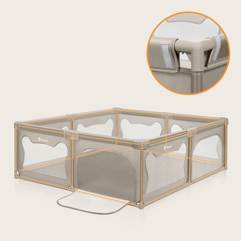 Tarc de joaca copii, Lionelo, Willow XL,180 x 200 cm, Pliere compacta, Include geanta de transport, Din plasa, Cu doua intrari laterale si fermoar, Cu ventuze pentru stabilitate, Conform cu EN 12227:2010, Bej - gogobaby.ro