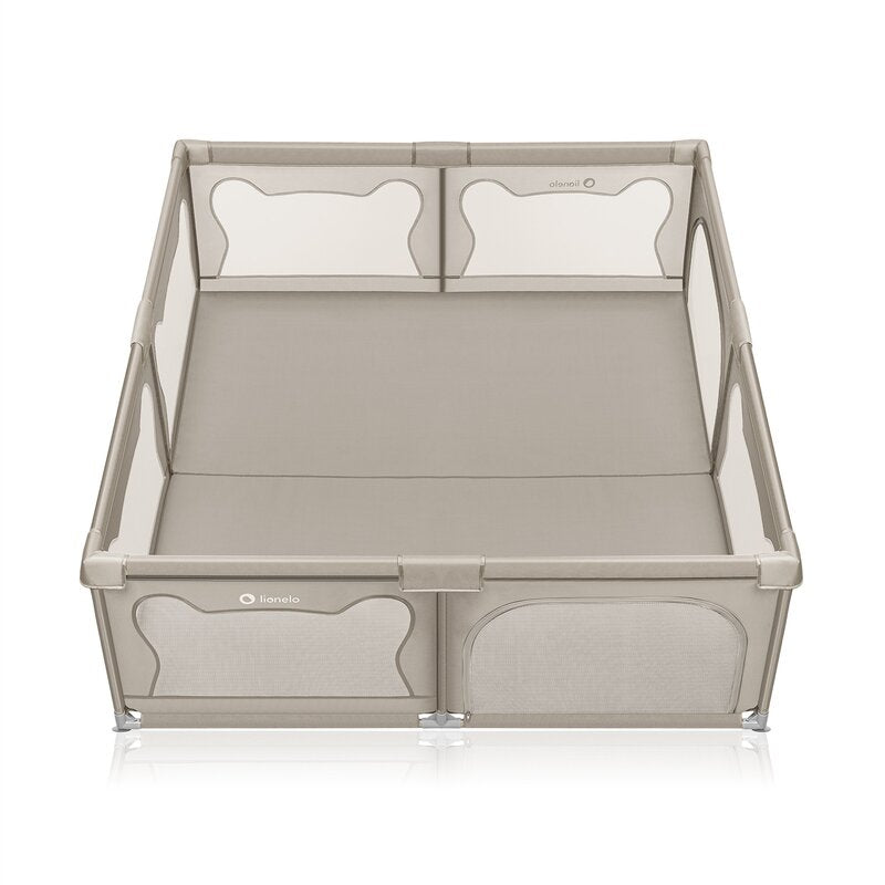 Tarc de joaca copii, Lionelo, Willow XL,180 x 200 cm, Pliere compacta, Include geanta de transport, Din plasa, Cu doua intrari laterale si fermoar, Cu ventuze pentru stabilitate, Conform cu EN 12227:2010, Bej