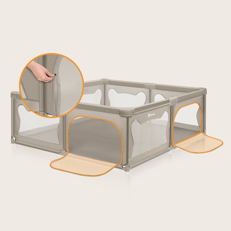 Tarc de joaca copii, Lionelo, Willow XL,180 x 200 cm, Pliere compacta, Include geanta de transport, Din plasa, Cu doua intrari laterale si fermoar, Cu ventuze pentru stabilitate, Conform cu EN 12227:2010, Bej - gogobaby.ro