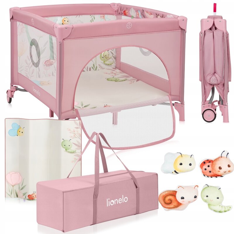 Tarc de joaca, Lionelo, Mille Plus, Pliabil, Include saltea cu densitate T25, 4 jucarii cu velcro, Manere textile, Geanta de transport, Cu roti si inchidere laterala, Pereti din plasa pentru vizibilitate si aerisire, 100 x 100 x 77 cm, Roz