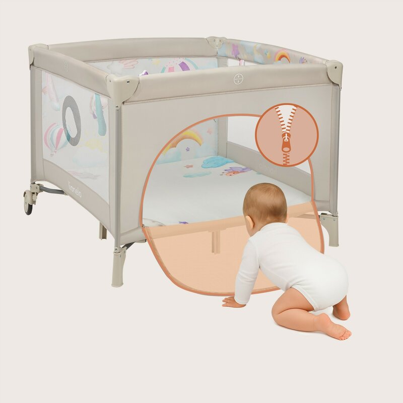 Tarc de joaca, Lionelo, Mille Plus, Pliabil, Include saltea cu densitate T25, 4 jucarii cu velcro, Manere textile, Geanta de transport, Cu roti si inchidere laterala, Pereti din plasa pentru vizibilitate si aerisire, 100 x 100 x 77 cm, Bej - gogobaby.ro