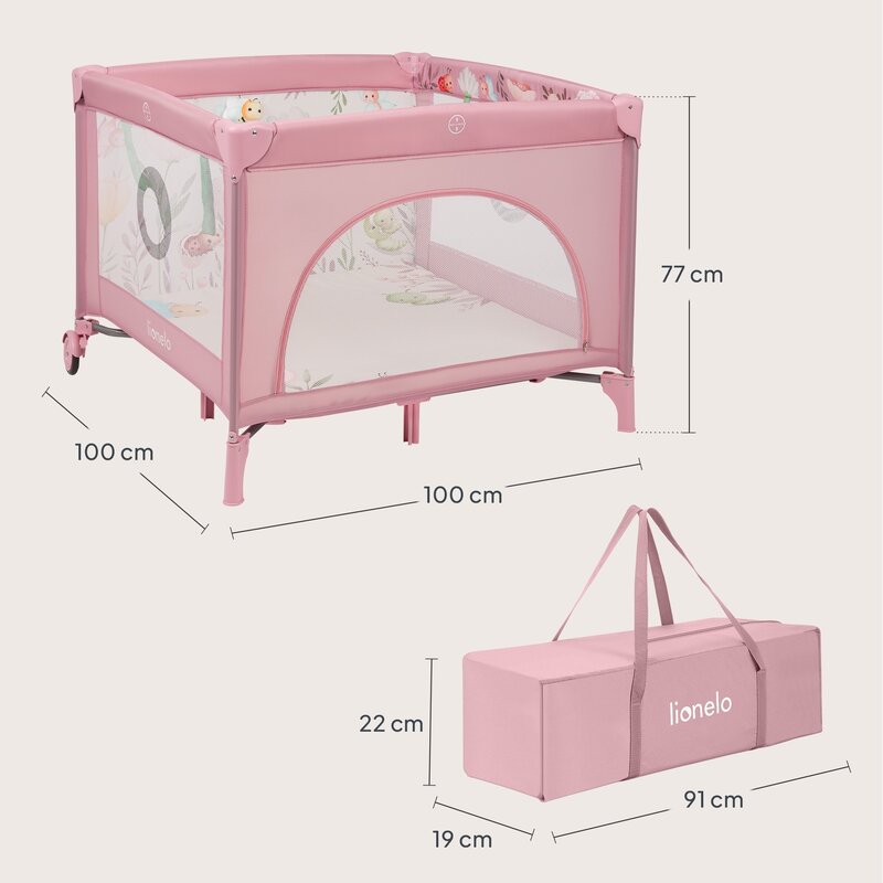 Tarc de joaca, Lionelo, Mille Plus, Pliabil, Include saltea cu densitate T25, 4 jucarii cu velcro, Manere textile, Geanta de transport, Cu roti si inchidere laterala, Pereti din plasa pentru vizibilitate si aerisire, 100 x 100 x 77 cm, Roz