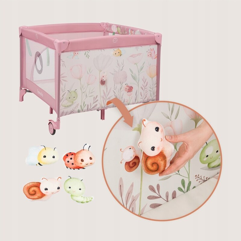 Tarc de joaca, Lionelo, Mille Plus, Pliabil, Include saltea cu densitate T25, 4 jucarii cu velcro, Manere textile, Geanta de transport, Cu roti si inchidere laterala, Pereti din plasa pentru vizibilitate si aerisire, 100 x 100 x 77 cm, Roz - gogobaby.ro