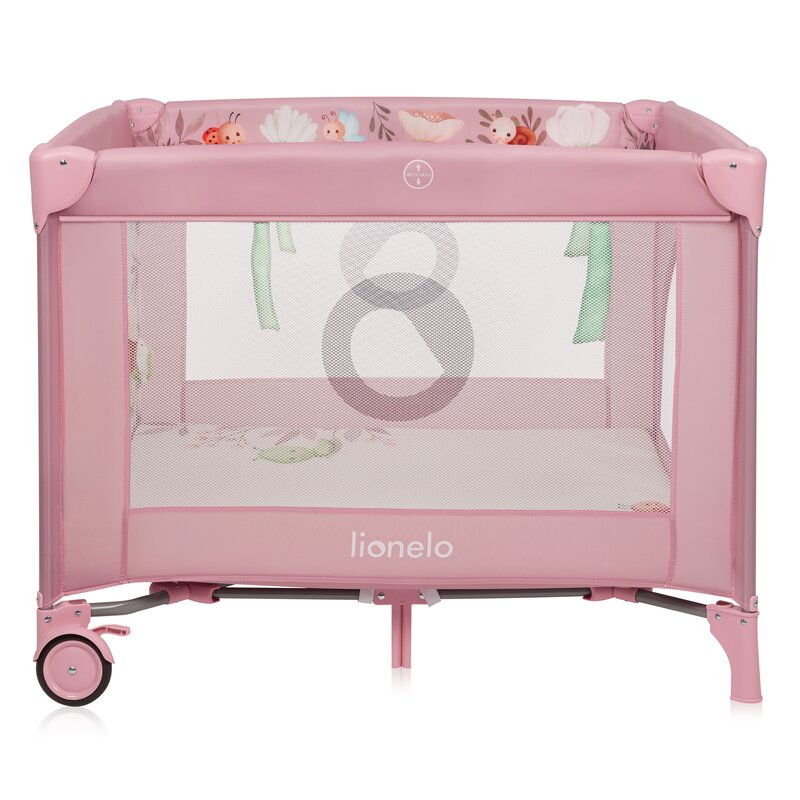 Tarc de joaca, Lionelo, Mille Plus, Pliabil, Include saltea cu densitate T25, 4 jucarii cu velcro, Manere textile, Geanta de transport, Cu roti si inchidere laterala, Pereti din plasa pentru vizibilitate si aerisire, 100 x 100 x 77 cm, Roz