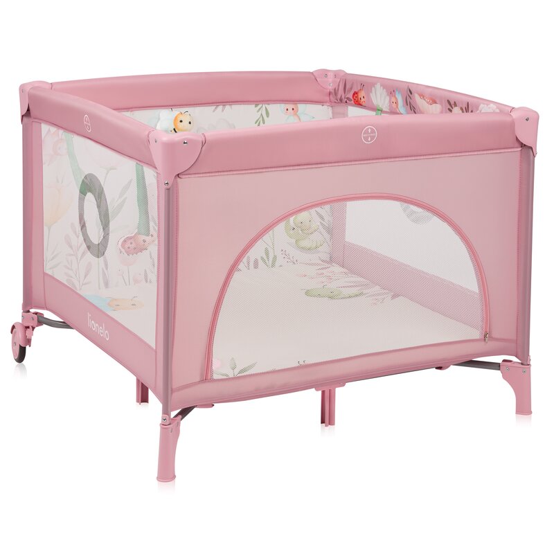 Tarc de joaca, Lionelo, Mille Plus, Pliabil, Include saltea cu densitate T25, 4 jucarii cu velcro, Manere textile, Geanta de transport, Cu roti si inchidere laterala, Pereti din plasa pentru vizibilitate si aerisire, 100 x 100 x 77 cm, Roz